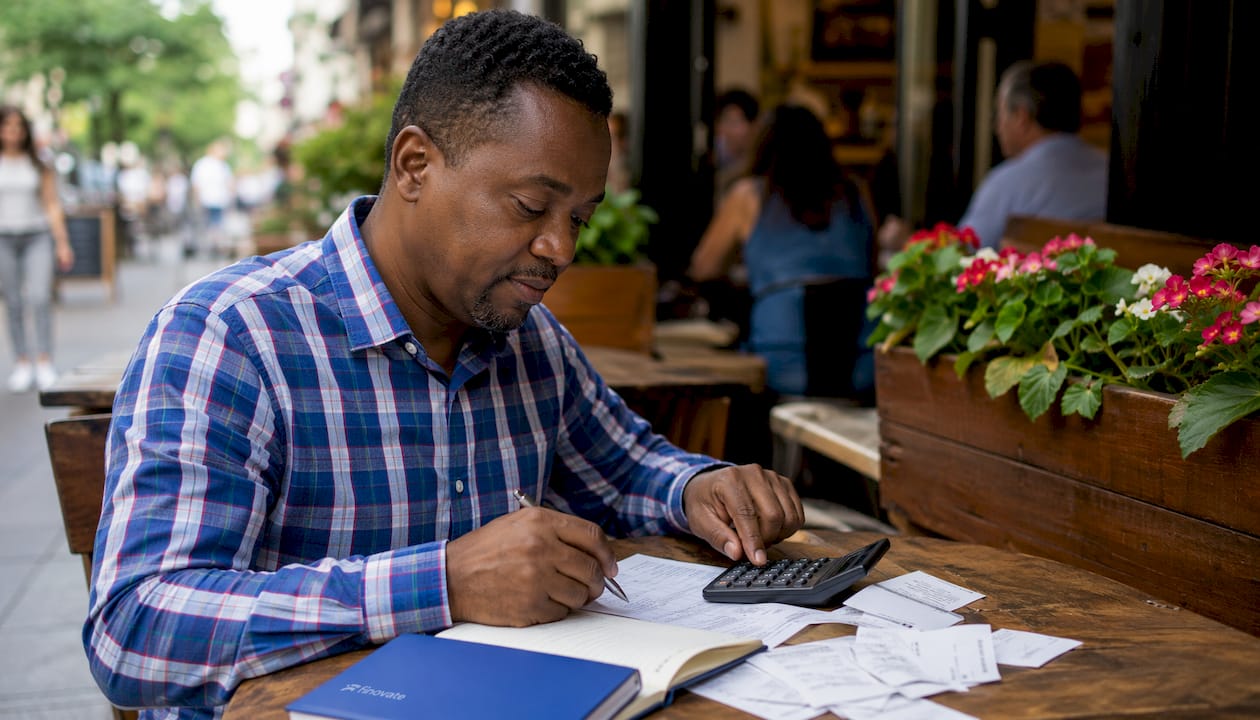Hands using calculator for sales forecasting in café