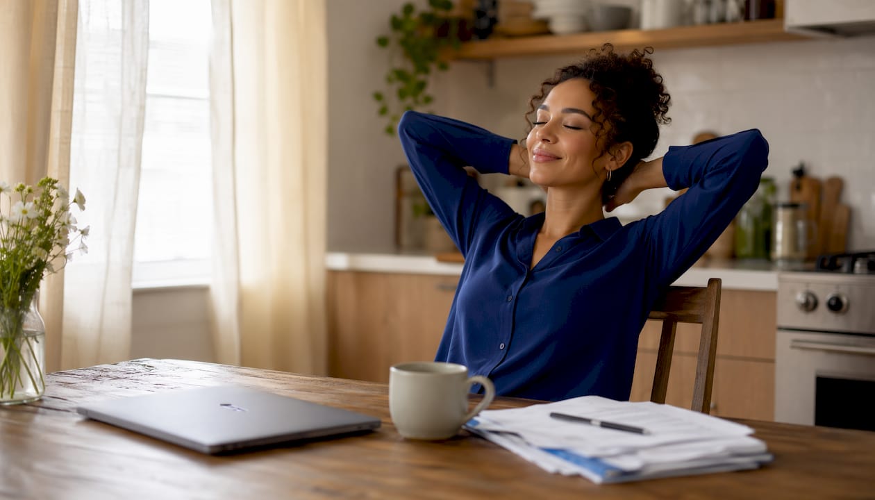 Relaxed woman in home office after tax filing