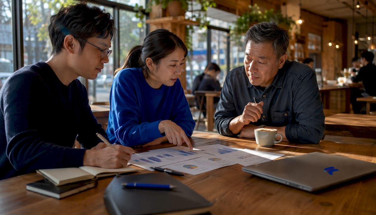 Colleagues discussing financial accuracy charts