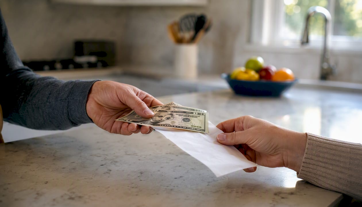 Hands exchanging cash with signed receipt