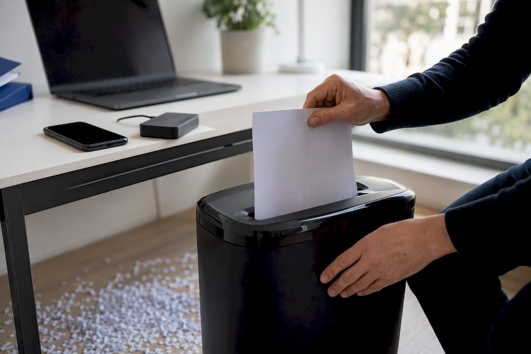 Hands shredding paper records and digital wipe devices
