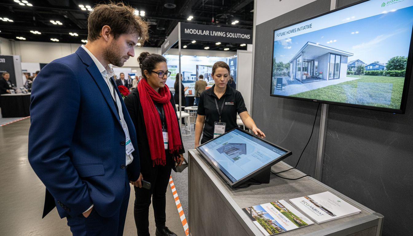 Trade show visitors at hybrid exhibition booth