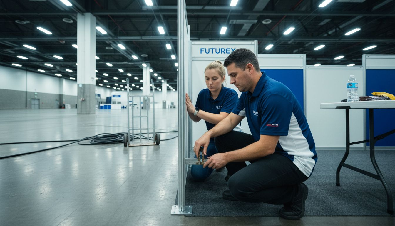 Staff reconfiguring modular exhibition panels