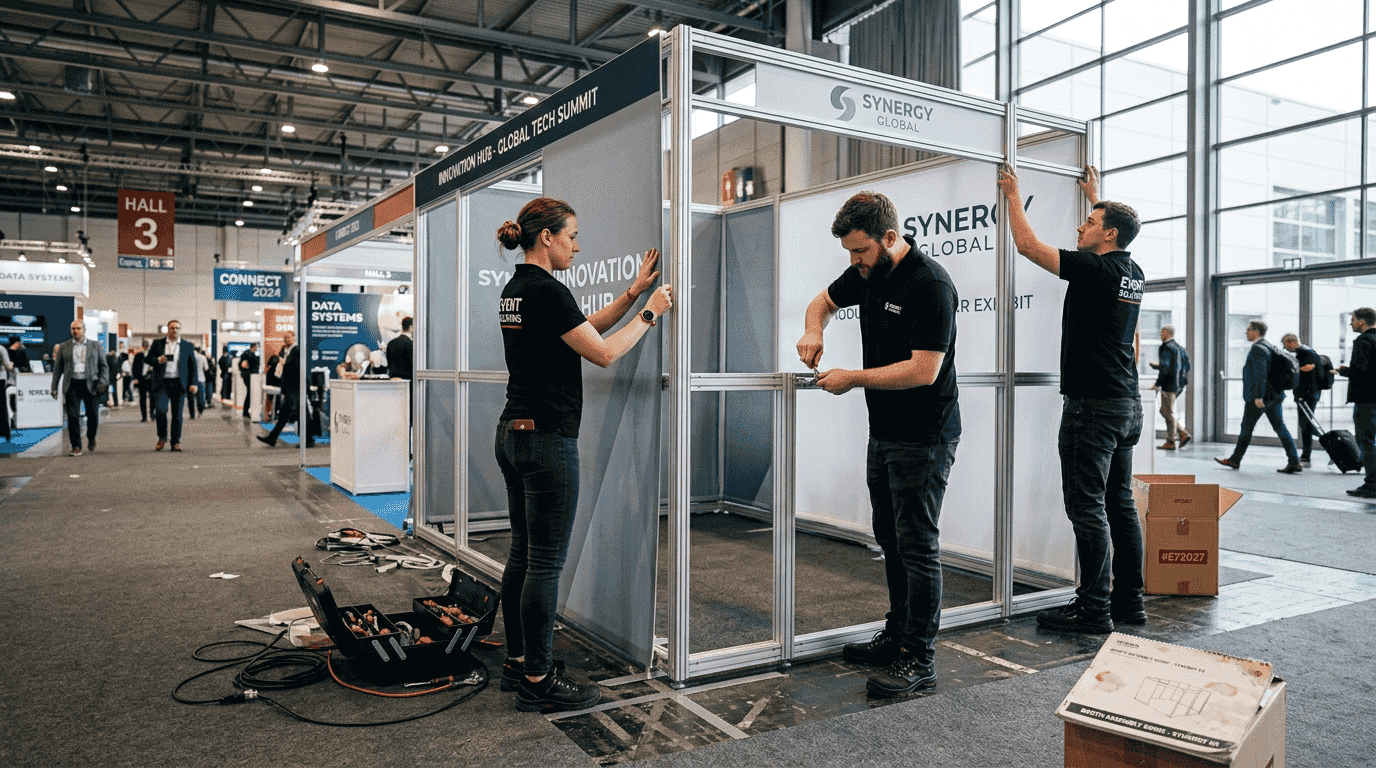 Staff assembling modular booth at trade show