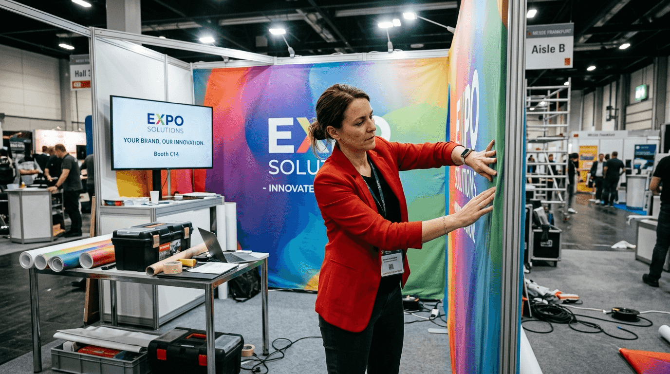 Manager updating booth branding graphics