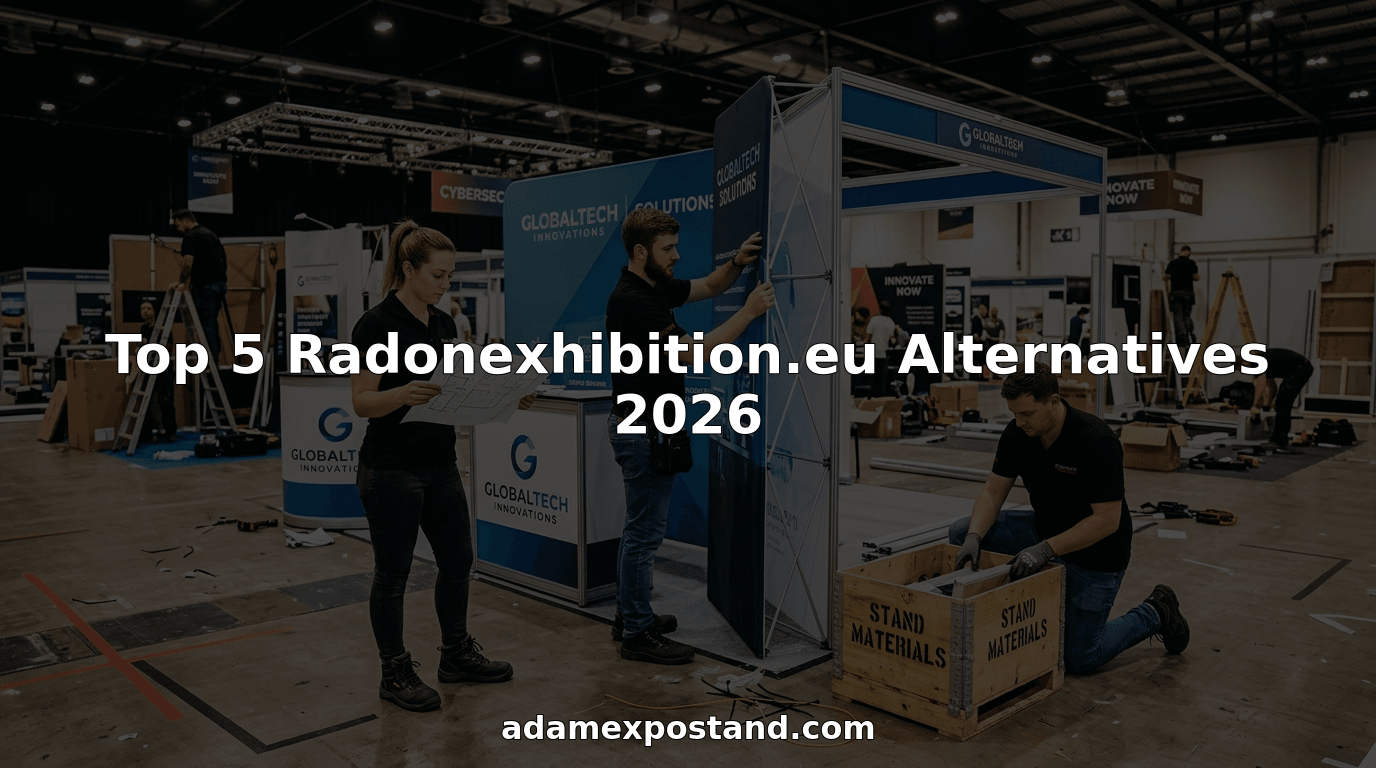 Team setting up modular trade show stand at exhibition hall