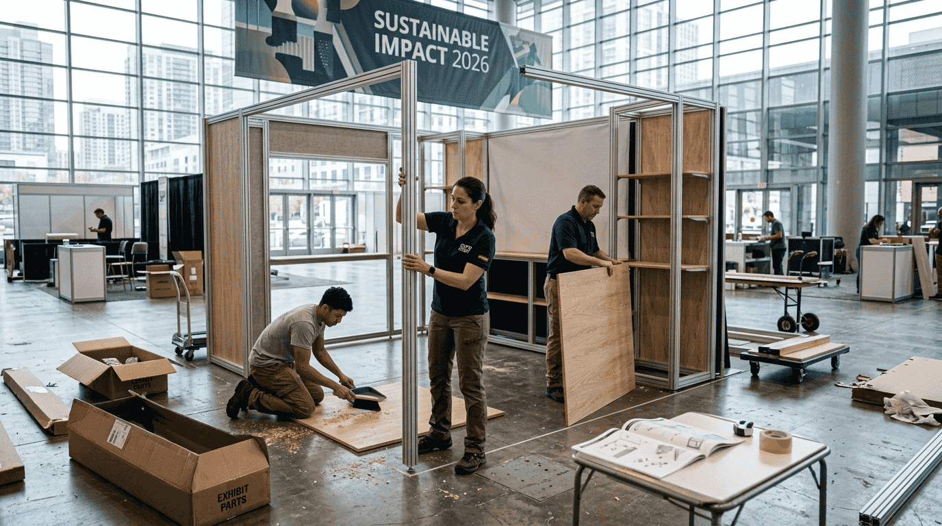 Staff assembling modular sustainable trade show booth
