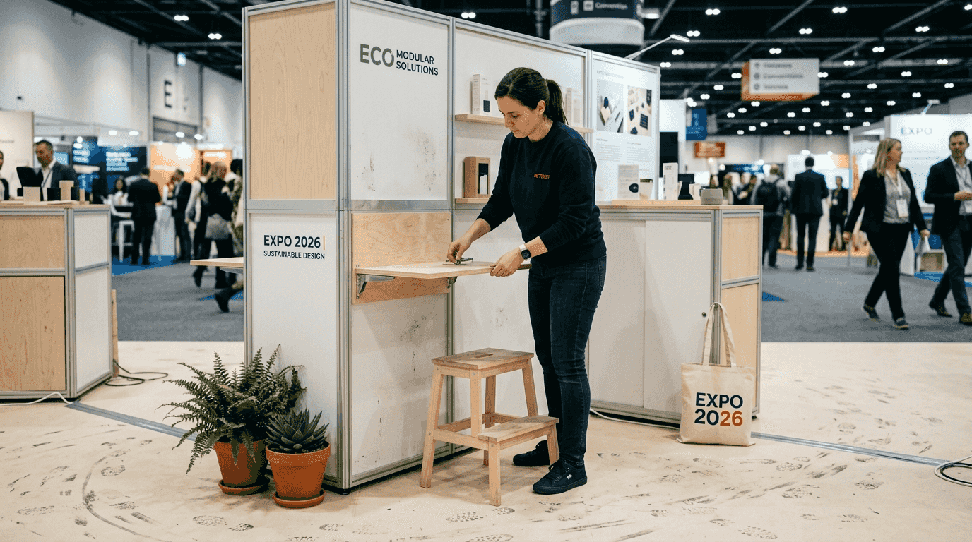 Designer adjusting modular, timeless exhibition booth