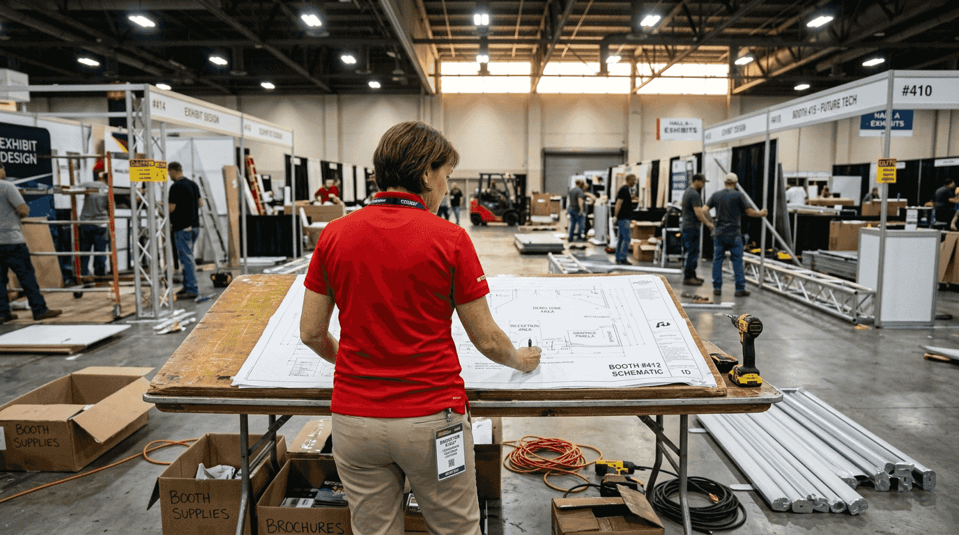 Manager reviewing booth plans at convention setup