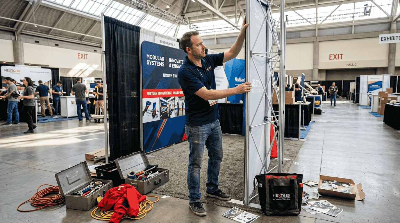 Trade show coordinator assembling rental booth panels