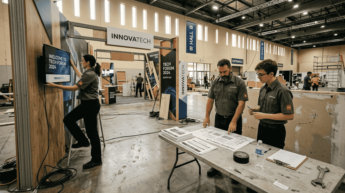Trade show staff setting up modern exhibition booth