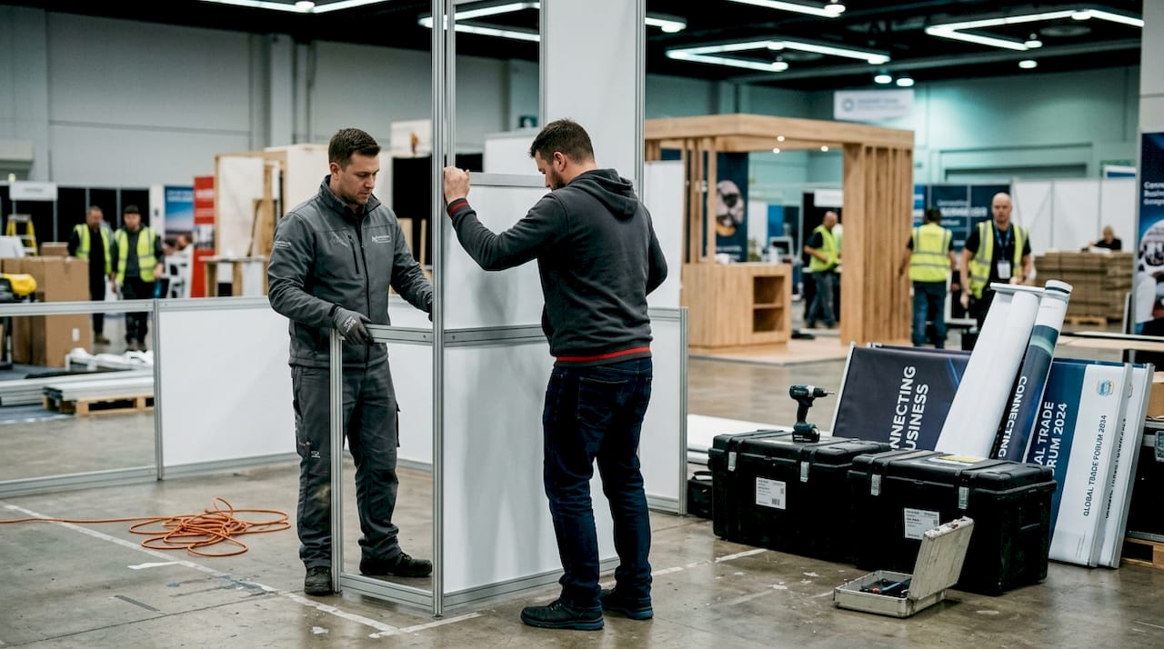 Installers assembling modular trade show display