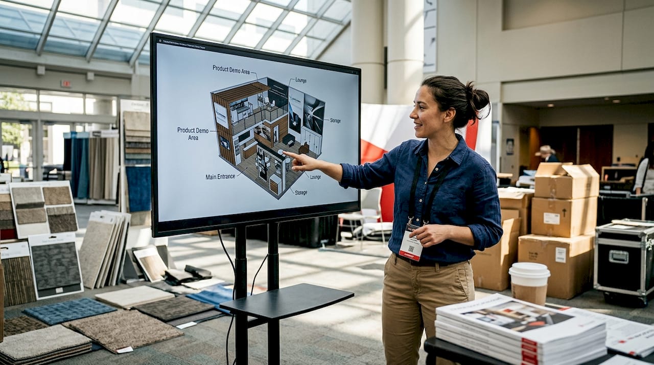 Designer reviewing digital 3D booth blueprint