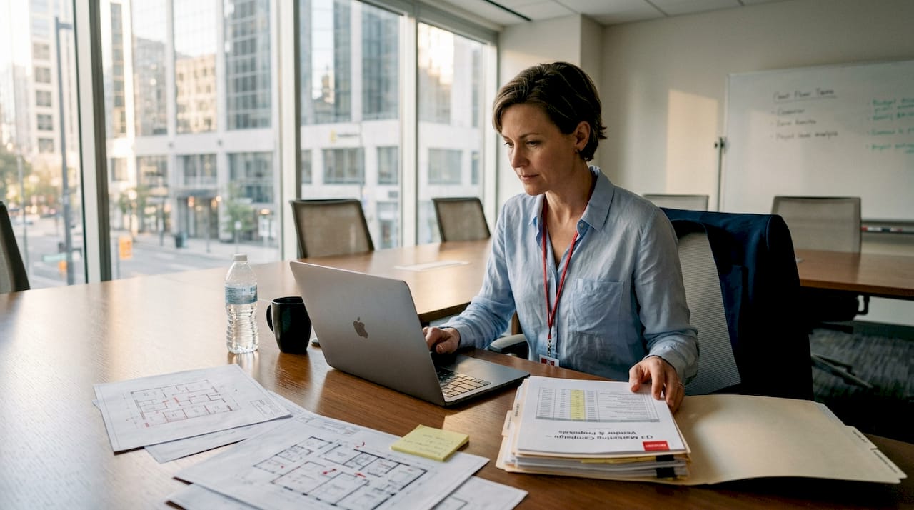 Manager reviewing event booth budget spreadsheet