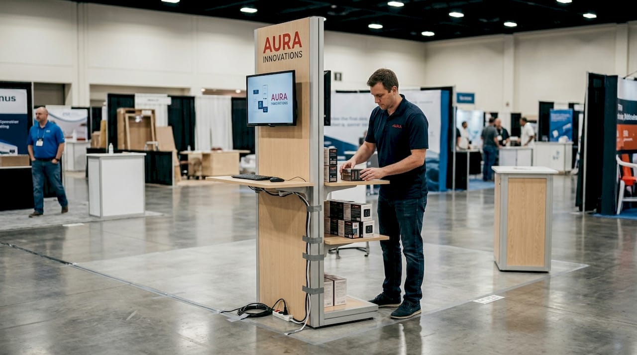 Exhibitor arranging island booth for visibility