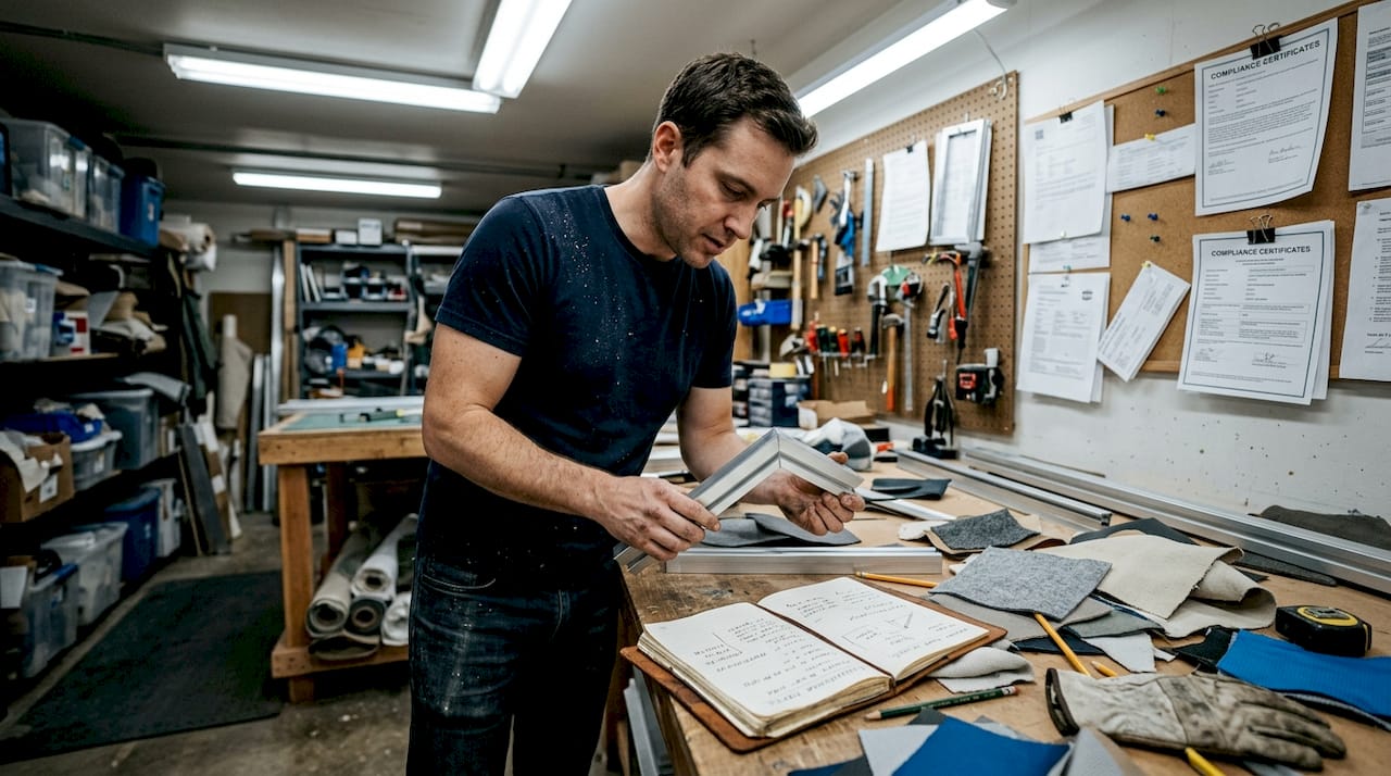 Designer examining materials for exhibition stand