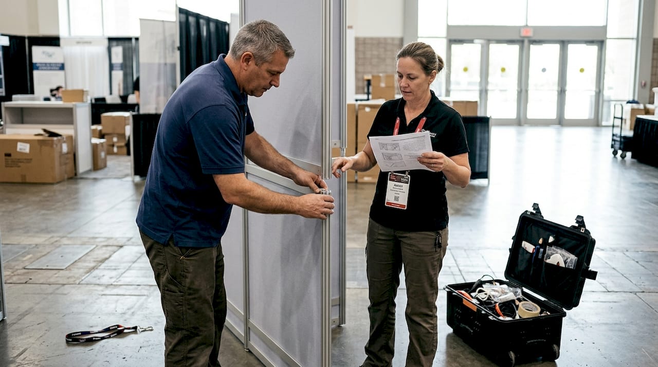 Staff assemble modular trade show booth