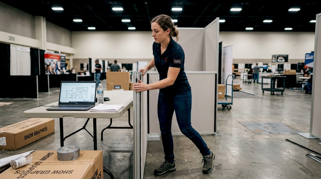 Coordinator reconfigures modular trade show booth