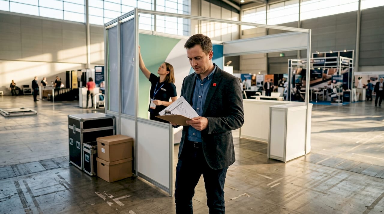 Trade show manager working with reusable booth