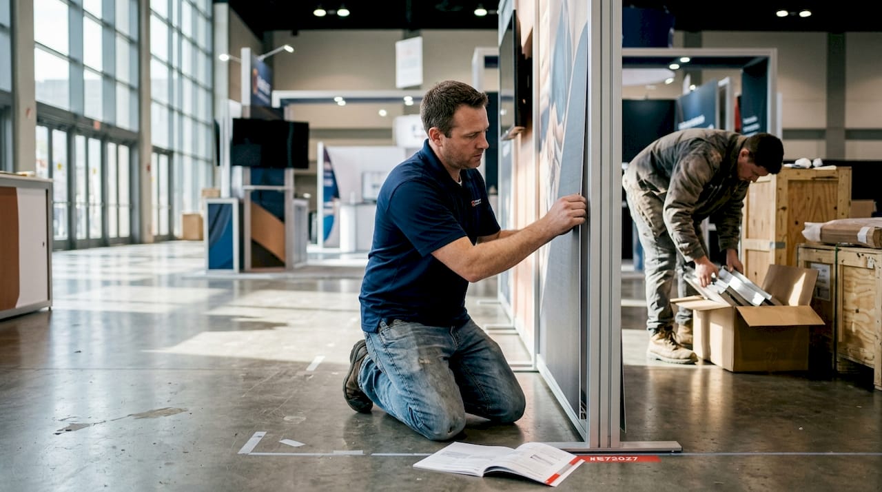 Stand builder assembling custom trade show booth