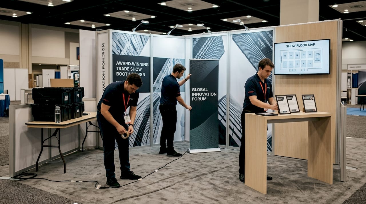 Staff preparing turnkey booth setup at event