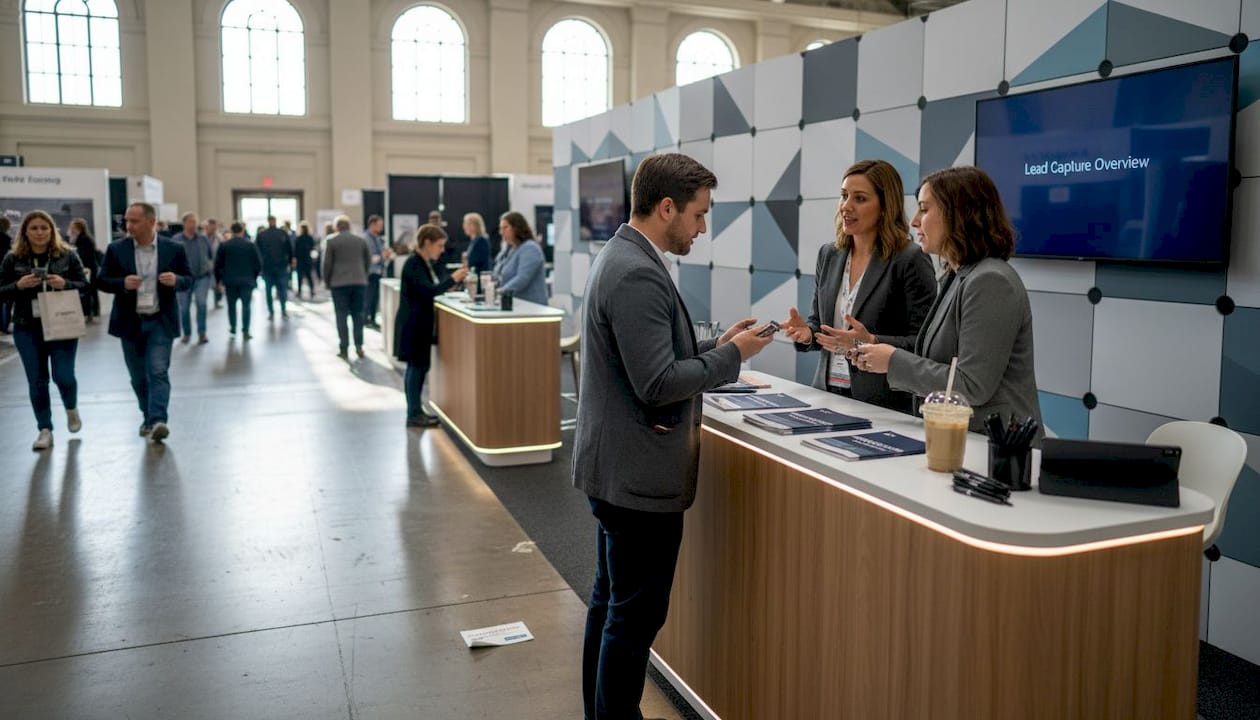 Exhibitor interacting with trade show visitors