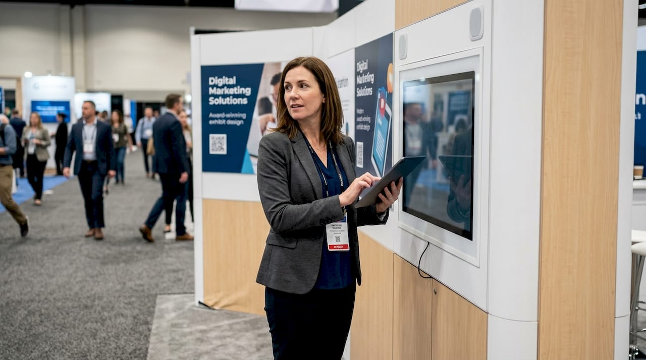 Manager using tablet at multisensory booth demo