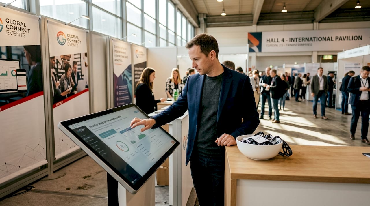 Planner adjusting interactive screen at expo booth