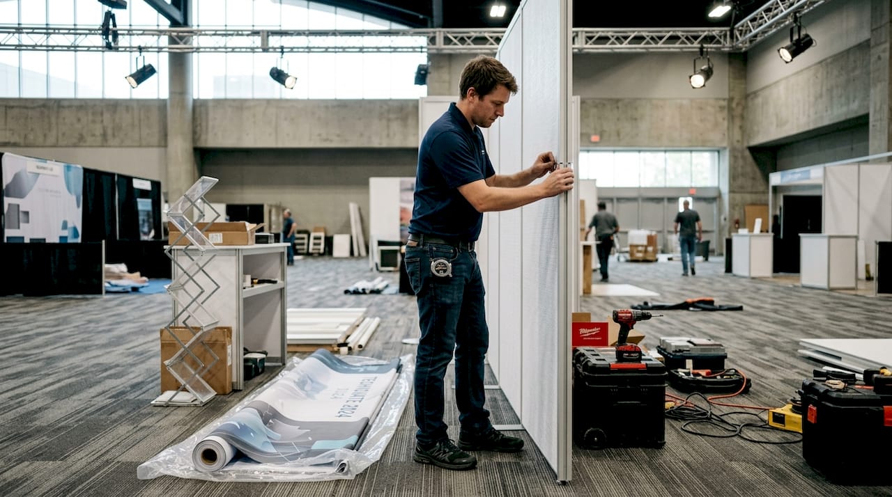 Coordinator assembling modular exhibit at convention center