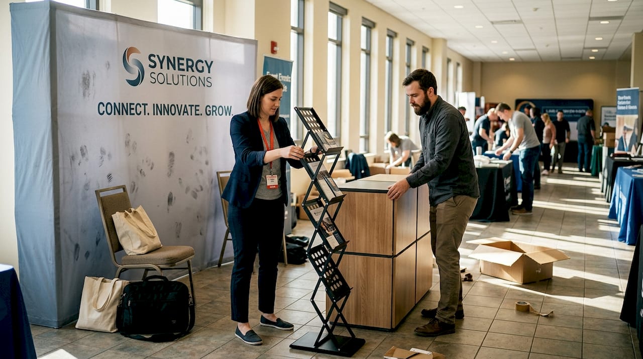 Marketing team arranging modular booth elements