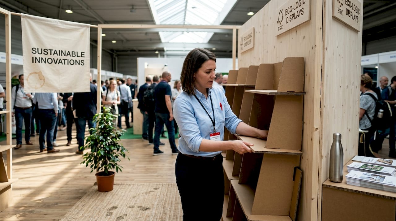 Manager arranges modular eco booth at trade show