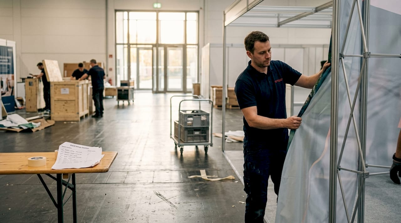 Technician assembles booth with recycled fabric graphic