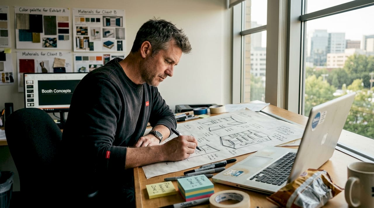 Designer sketching booth ideas in studio