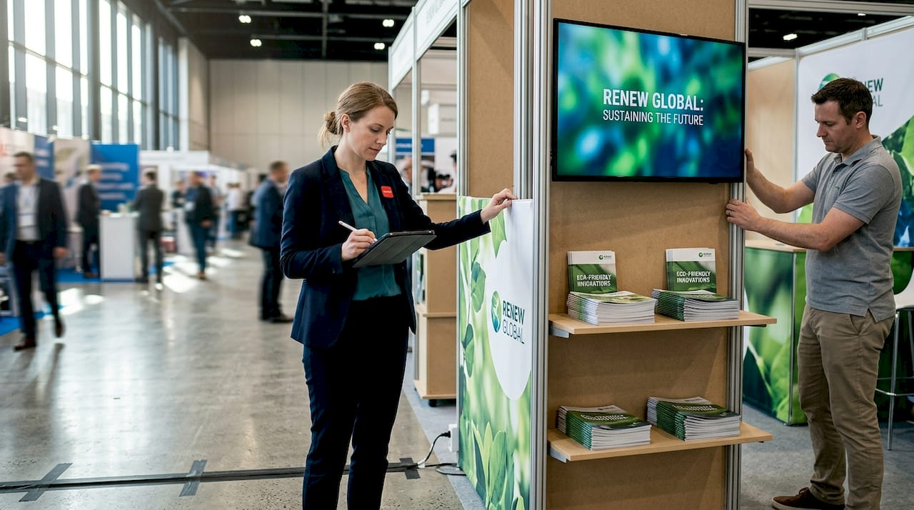 Manager checking modular eco exhibition stand