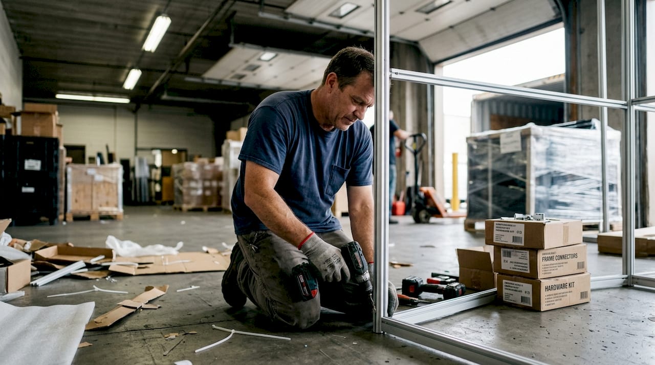 Technician assembling aluminum exhibition frame