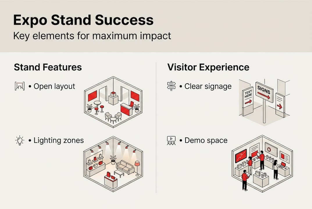 Infographic with expo stand features and visitor tips