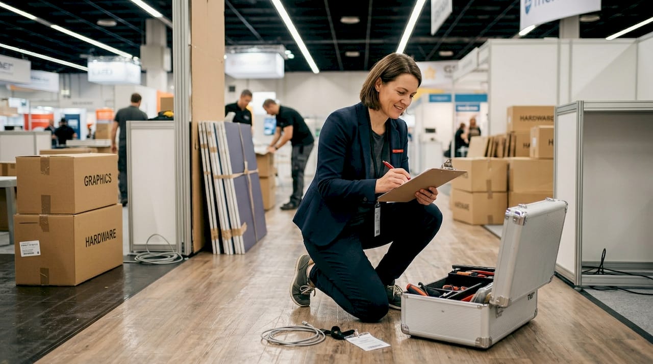 Event manager preparing booth materials