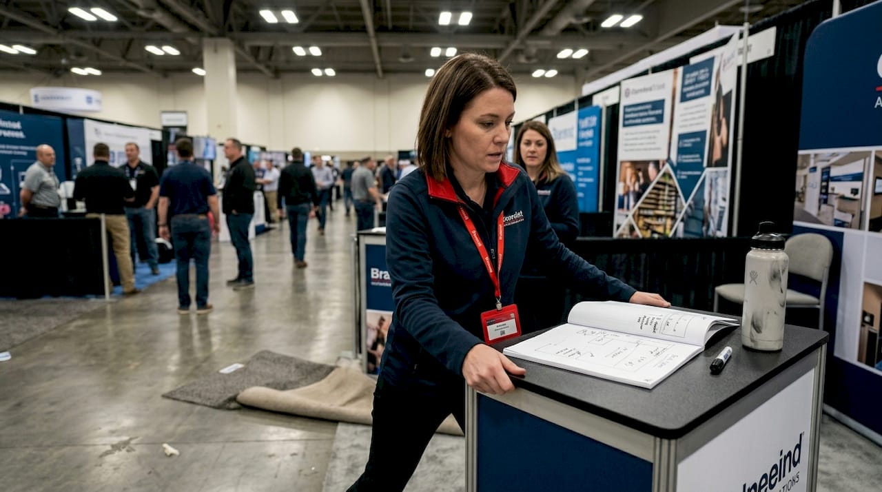 Designer optimizing compact trade booth layout