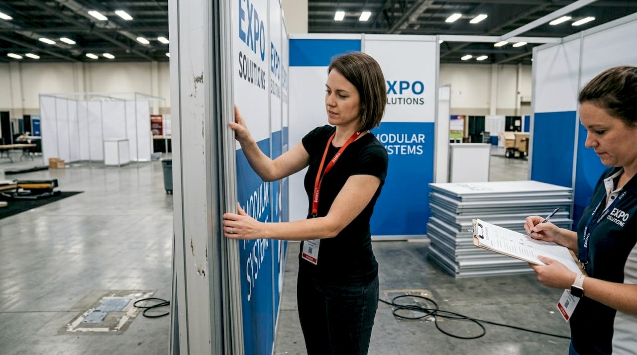 Coordinator assembling modular trade show booth panels