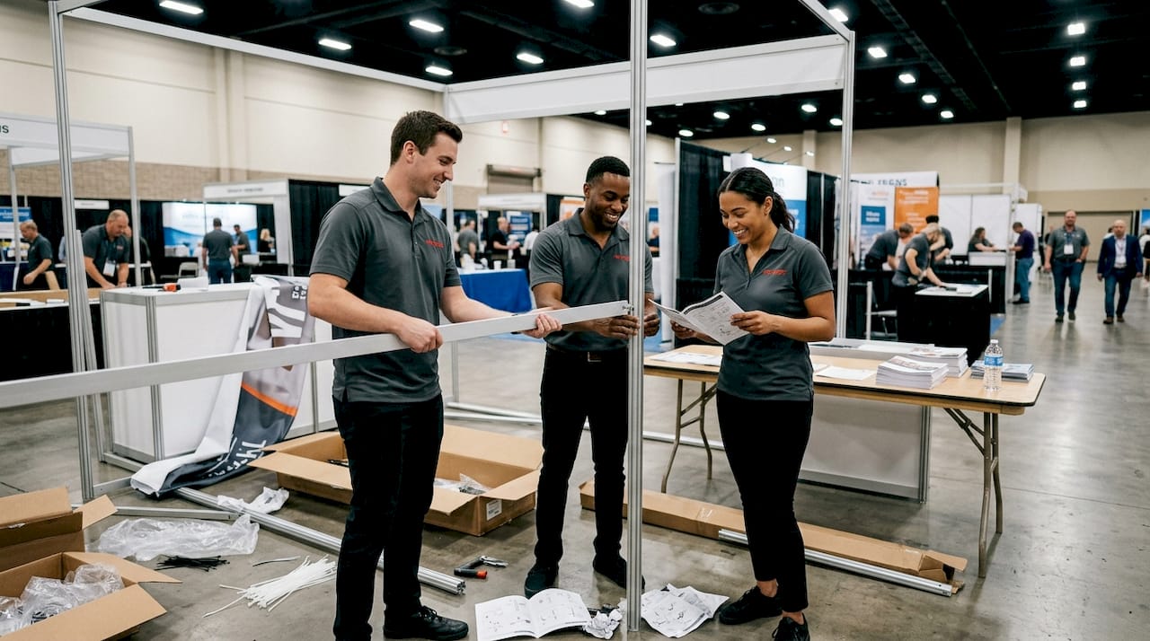 Team assembling trade show booth structure