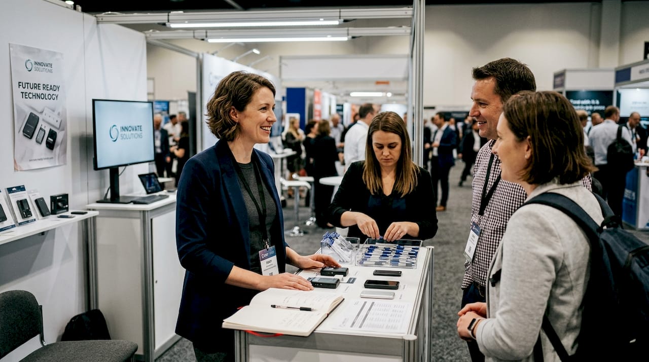 Manager engaging visitors at trade show booth