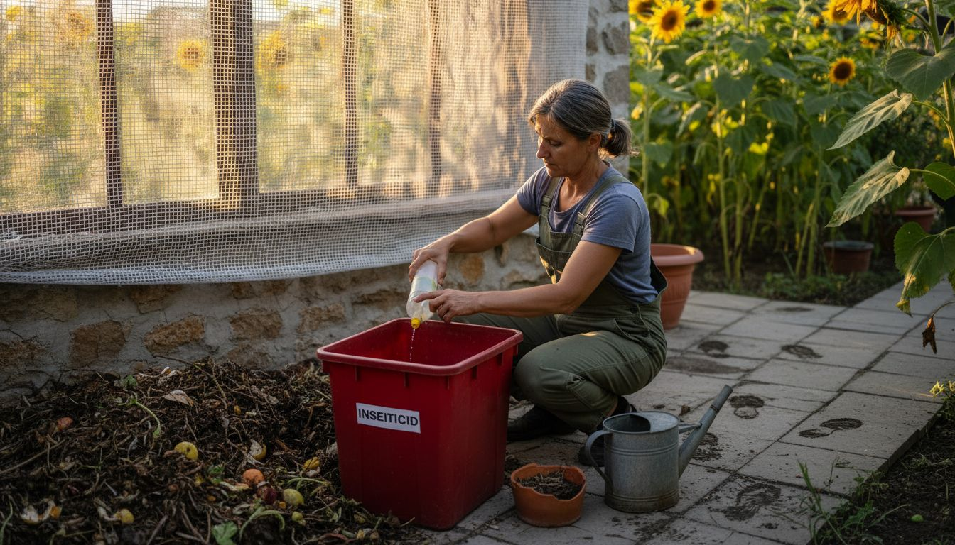 Žena baca praznu bocu spreja kroz prozor u vrt ograđen mrežom.
