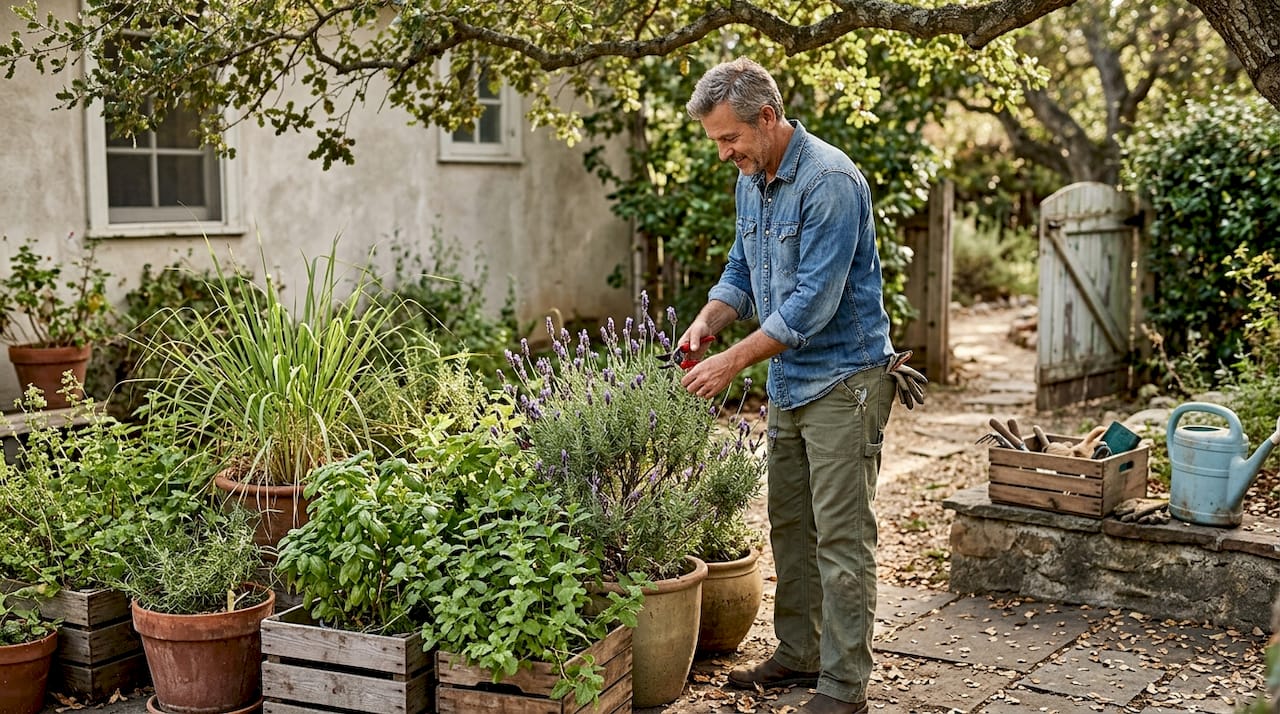 Muškarac u svom vrtu brine o biljkama koje odbijaju komarce.