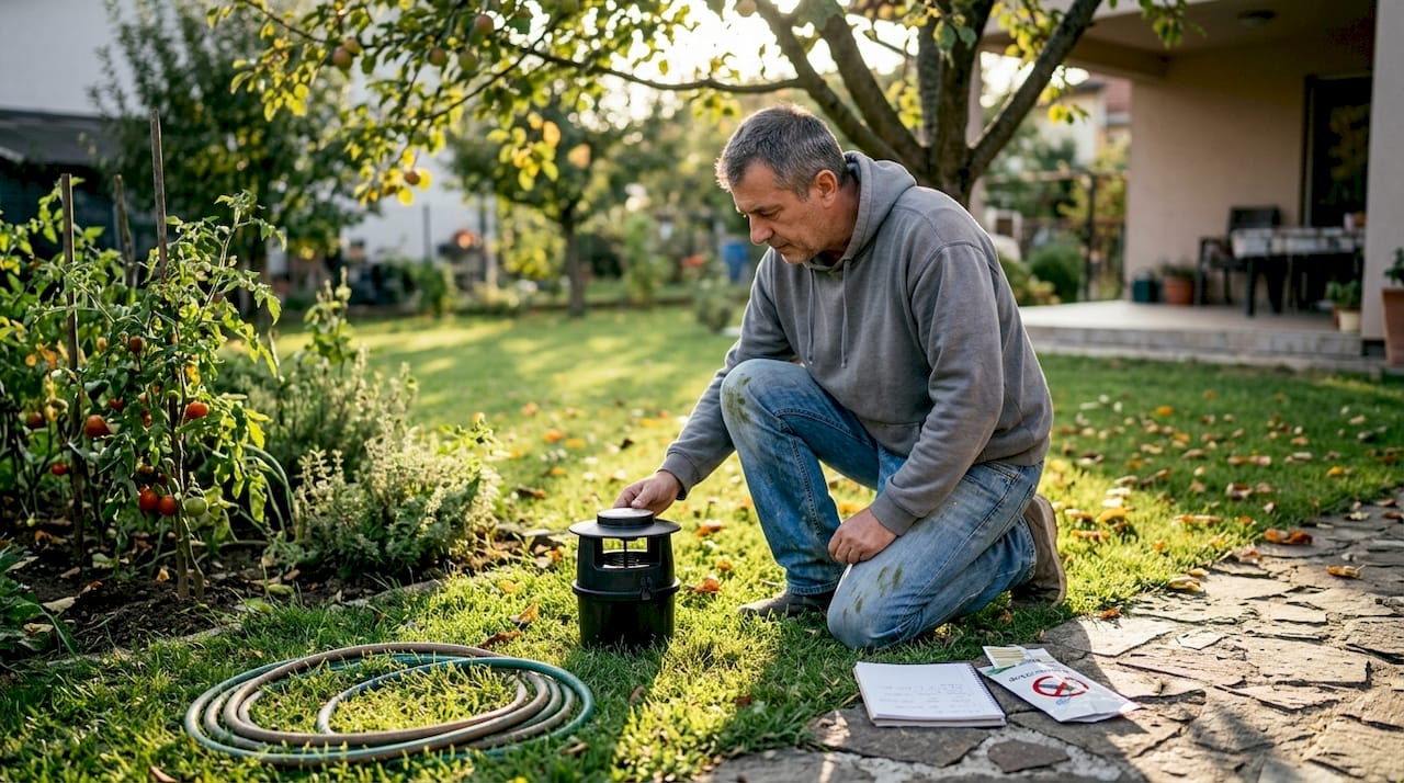 Muškarac u svom vrtu provjerava zamku za komarce.