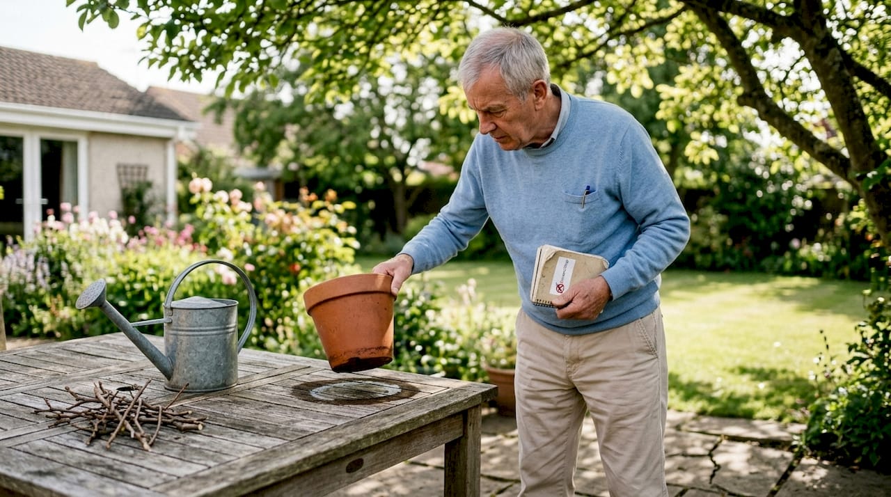 Stariji gospodin pažljivo obilazi vrt i provjerava ima li mjesta gdje bi se mogli skupljati komarci.
