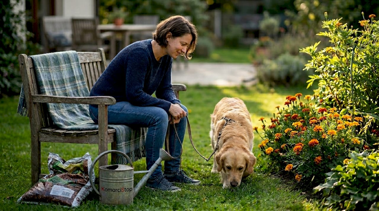 Žena u društvu psa šeta pokraj cvjetne gredice u vrtu.