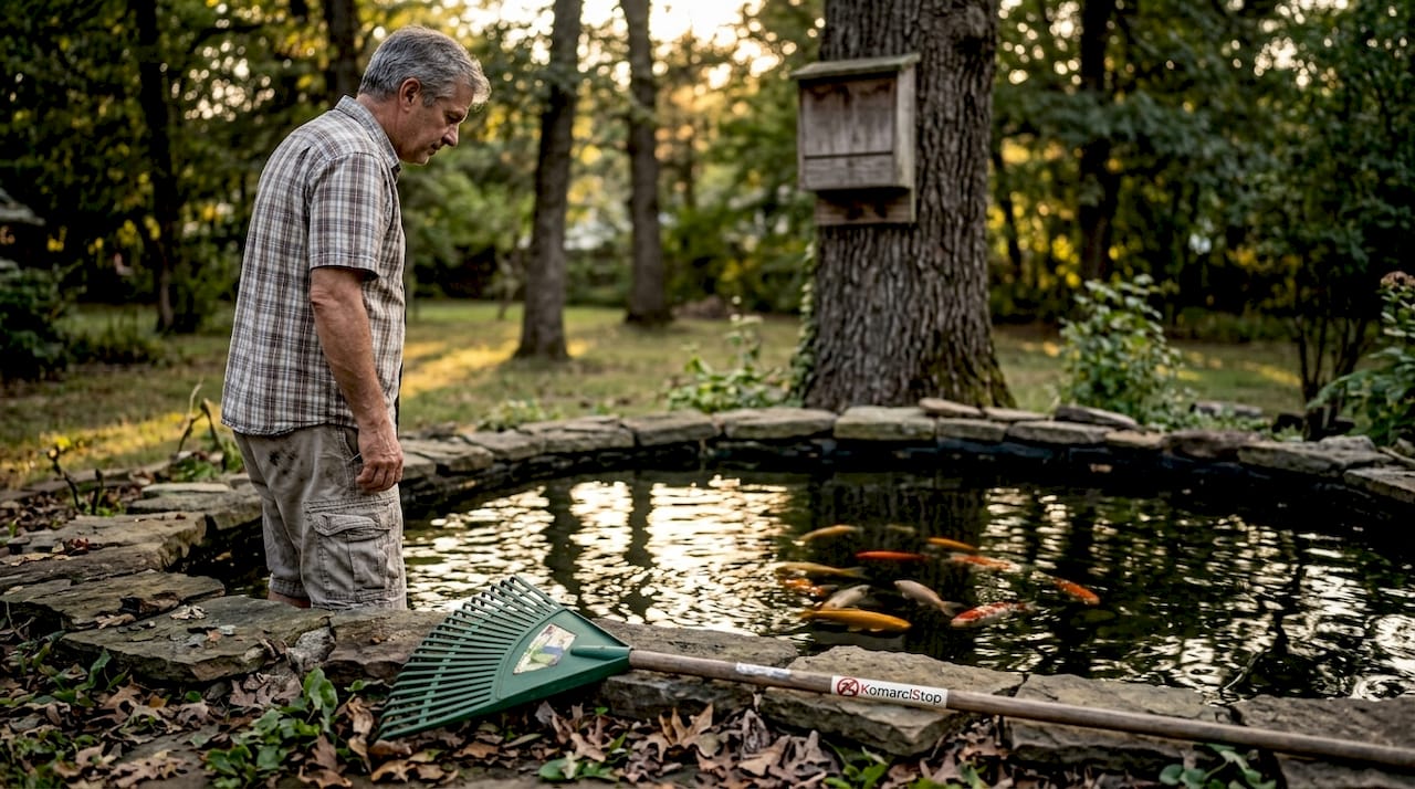 Muškarac promatra ribnjak i kućicu za šišmiše kako bi kontrolirao broj komaraca.
