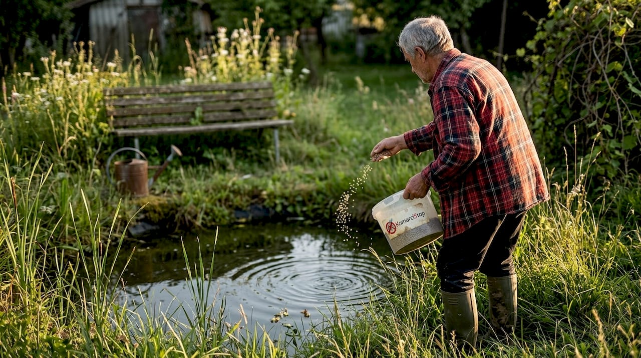 Muškarac tretira vrtno jezerče sredstvom protiv ličinki komaraca.