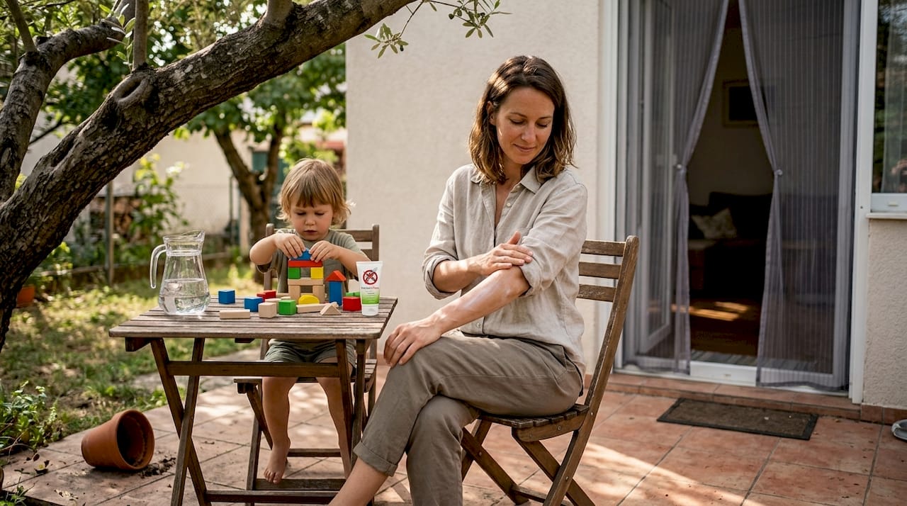 Žena nanosi sredstvo protiv komaraca dok se opušta na terasi.
