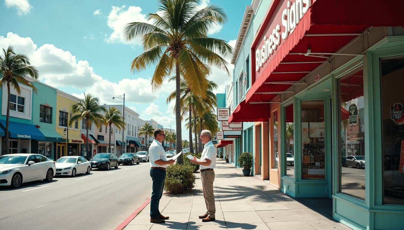 Miami storefronts with different business signs and owners consulting